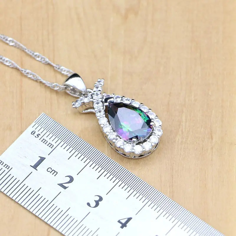 Natural Mystic Rainbow Zircon Stone Fish Silver 925 Jewelry Sets For Women Party Earrings/Pendant/Ring/Bracelet/Necklace Set