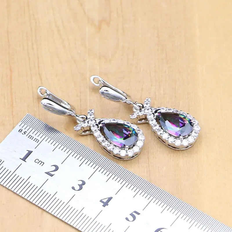 Natural Mystic Rainbow Zircon Stone Fish Silver 925 Jewelry Sets For Women Party Earrings/Pendant/Ring/Bracelet/Necklace Set