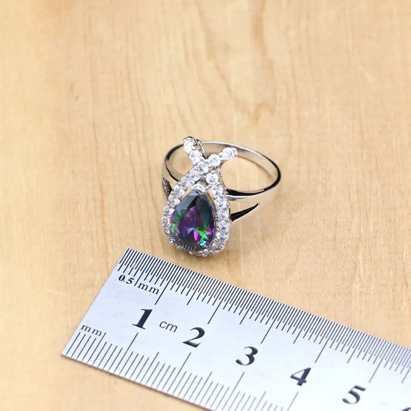 Natural Mystic Rainbow Zircon Stone Fish Silver 925 Jewelry Sets For Women Party Earrings/Pendant/Ring/Bracelet/Necklace Set